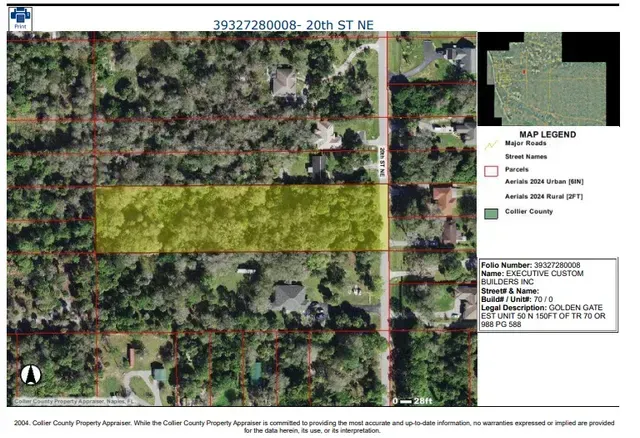 Aerial view of a parcel of land in yellow. The property is surrounded by trees and residential properties.