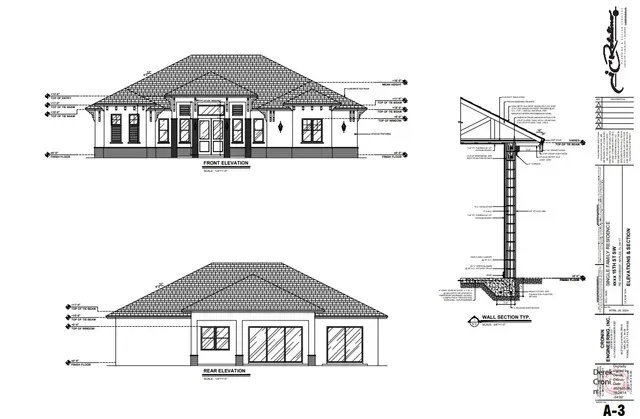 Architectural house plan: front and side views, cross-section detail, and specification notations.