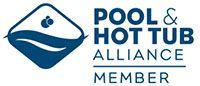 Logo for Pool & Hot Tub Alliance, Member. Blue diamond with water design, text 