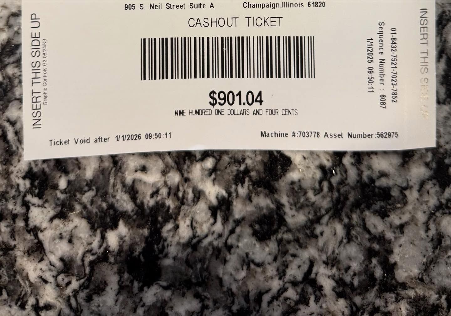$901.04 cashout ticket