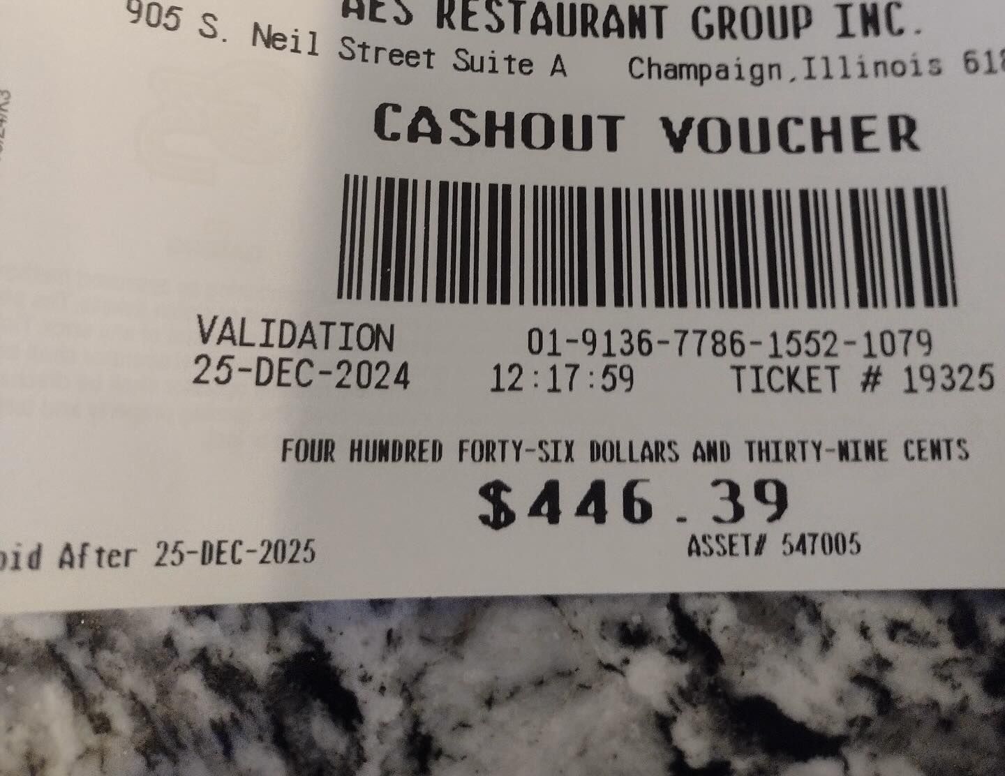$446.39 cashout voucher