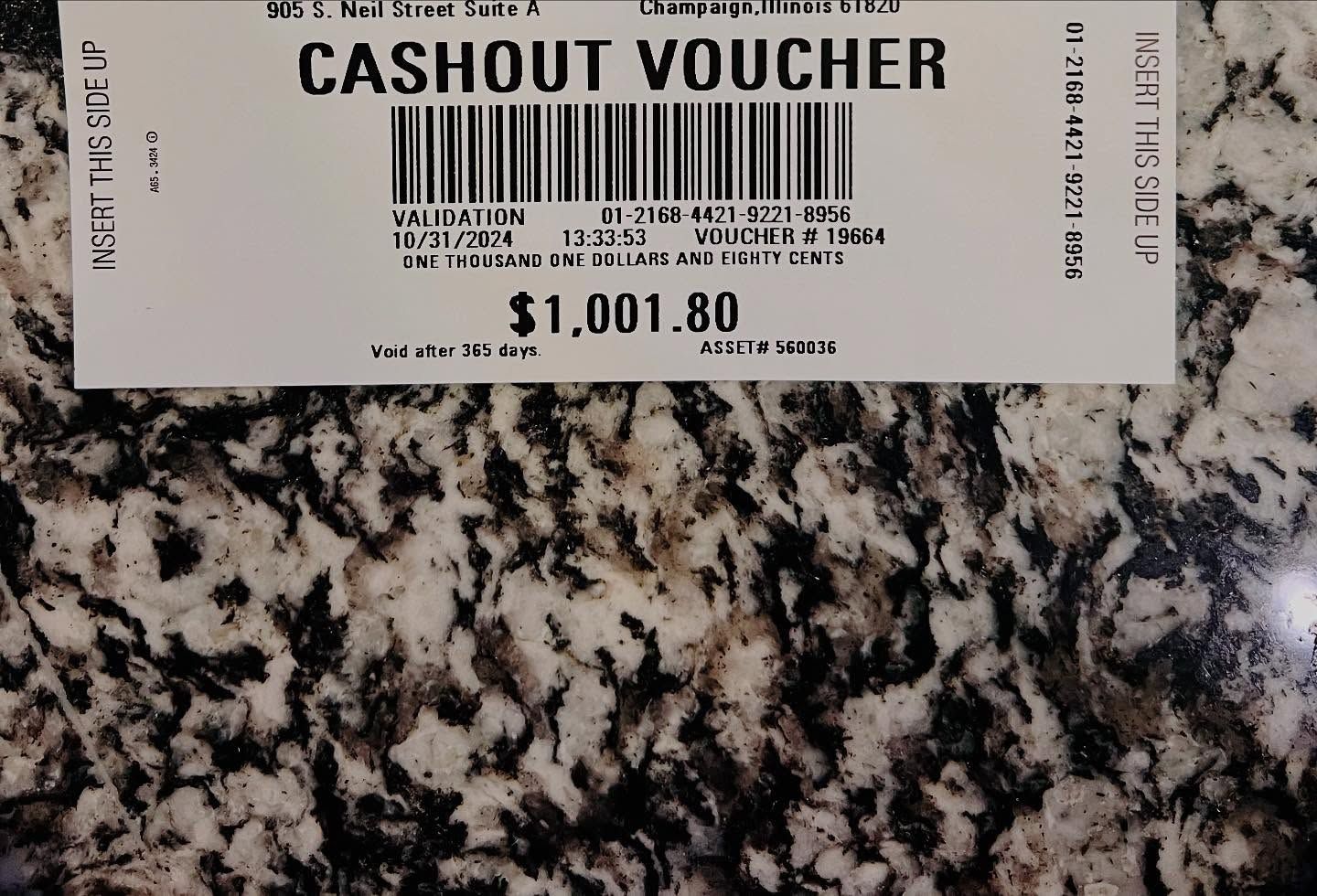 $1001.80 cashout voucher