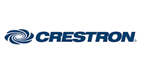 Crestron logo: blue swirling design, dark blue text