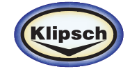 Klipsch logo in an oval with a blue gradient border, the word Klipsch in black, and a black stylized sound wave shape.