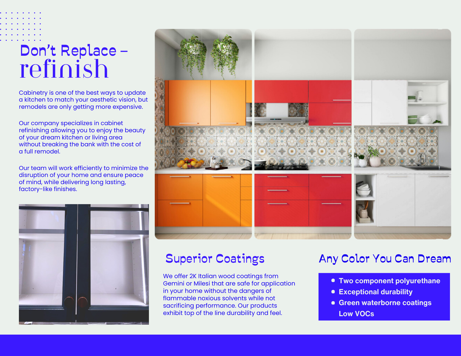A brochure for a kitchen with different colored cabinets