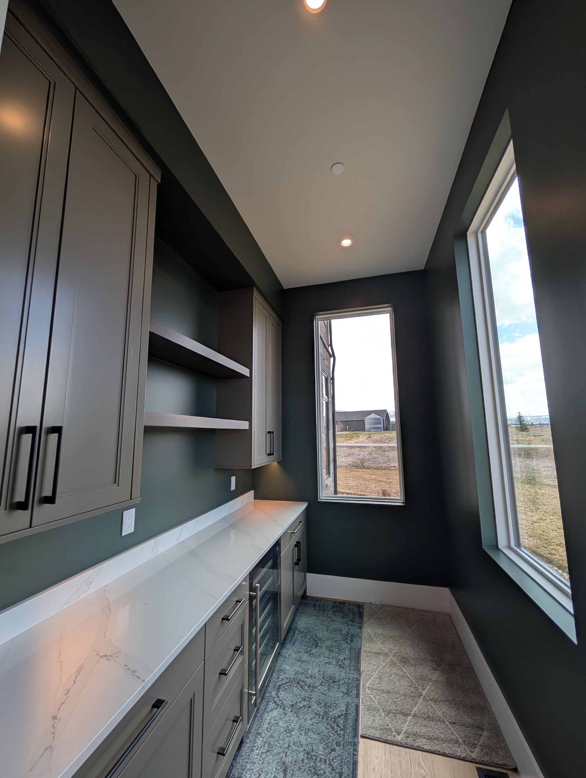 A pantry with gray cabinets, a white countertop, and dark green walls. A window provides natural light.