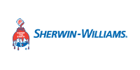 The logo for sherwin williams shows a bag of paint being poured into a globe.