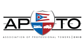 Logo for Association of Professional Towers | Ohio, with shield displaying the Ohio flag and tow trucks.