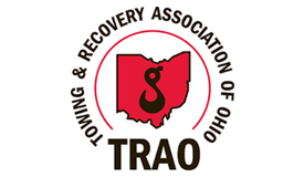 Logo for Towing & Recovery Association of Ohio: red Ohio outline with tow hook, in a red circle, black text.