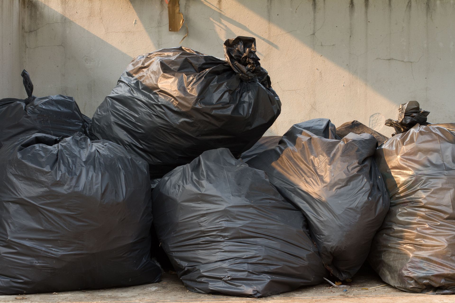 Black trash bags piled against a concrete wall in sunlight.