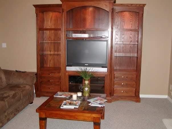 A living room with a couch and a coffee table