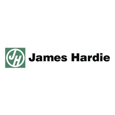 James Hardie logo with green square and white monogram beside black text