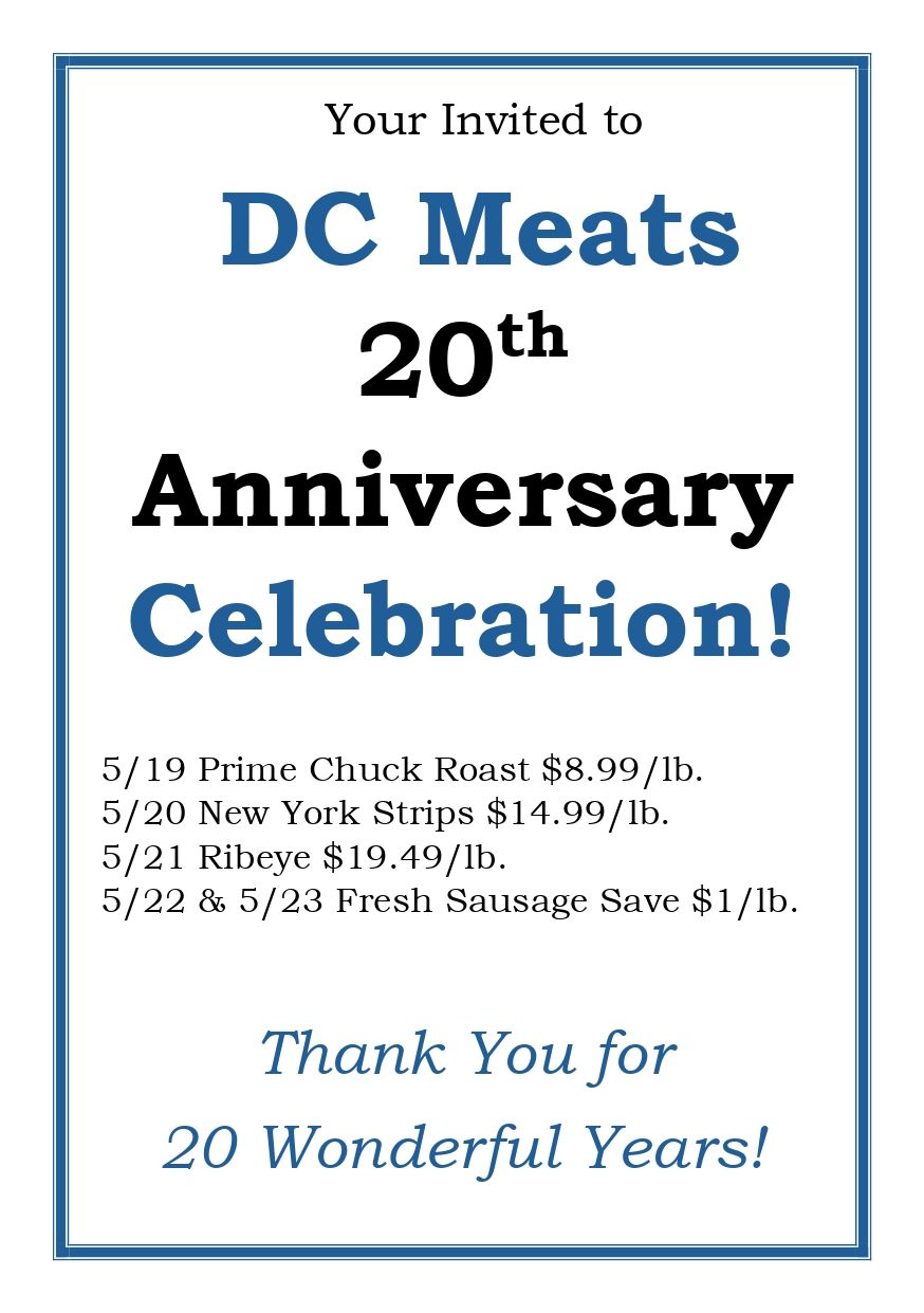 Invitation for DC Meats 20th Anniversary Celebration with blue border and sale prices listed