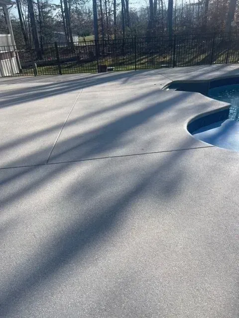 Empty outdoor skatepark bowl with smooth gray concrete and long tree shadows in sunlight