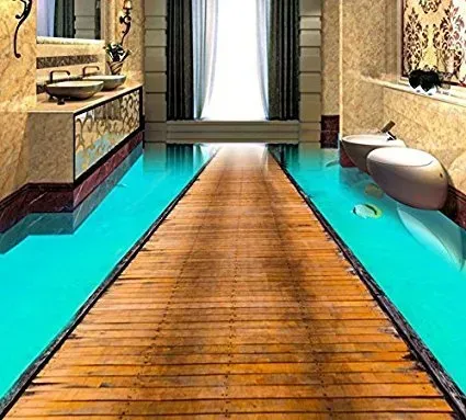 A wooden walkway over turquoise water in a luxurious bathroom with a window at the far end.