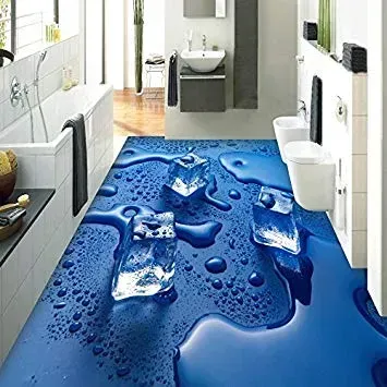 Blue 3D water-effect bathroom floor with sinks, tubs, and white fixtures on both sides