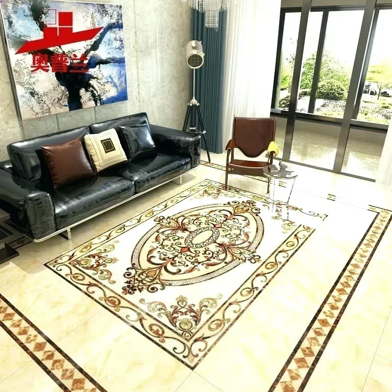 Bright living room with black sofa, ornate cream rug, and large sliding glass doors with sunlight.