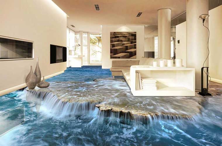Luxury living room flooded with ocean water, with a blue wave flowing across the floor inside.