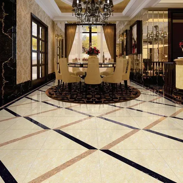 Elegant dining room with chandelier, cream chairs, and large marble-tiled floor