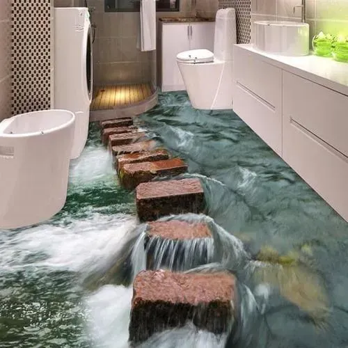 Modern bathroom with a shallow indoor stream flowing over stepping stones toward a shower area