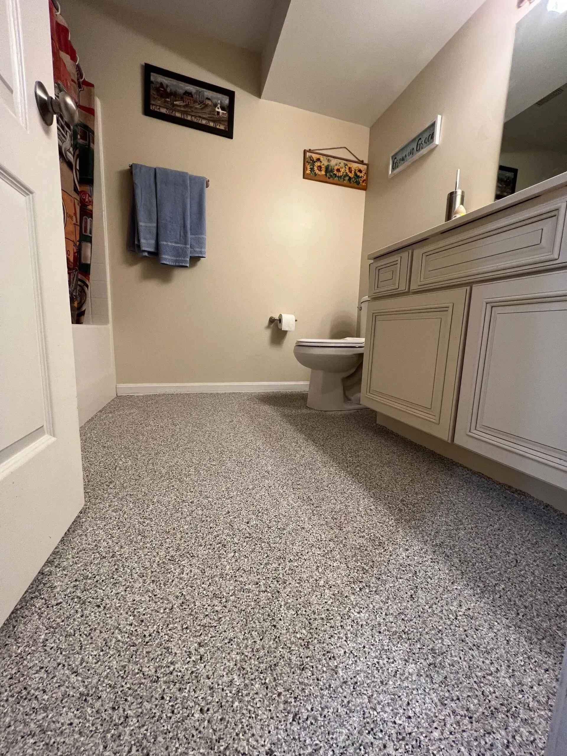 Small bathroom with speckled floor, white vanity, toilet, blue towel, and wall decor.