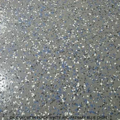 Gray speckled floor with white, black, and blue chips