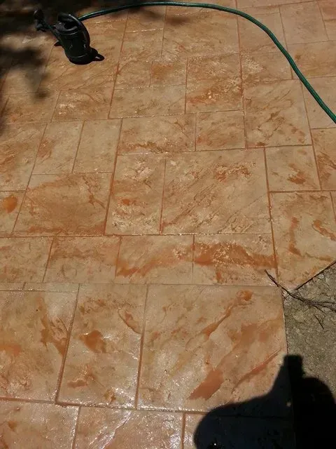 Tan tiled floor with a green hose and a black object at the top left; shadow at the bottom right.