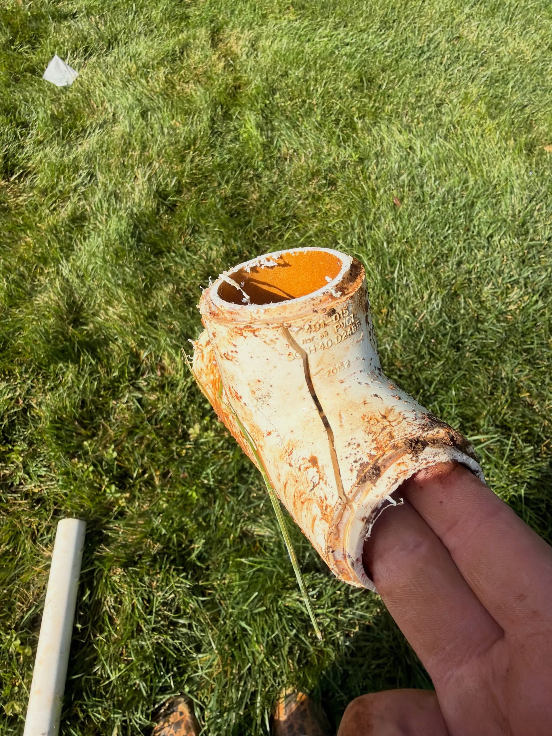 Orange-soled foam boot on a leg in a grassy yard, with a small white pipe nearby