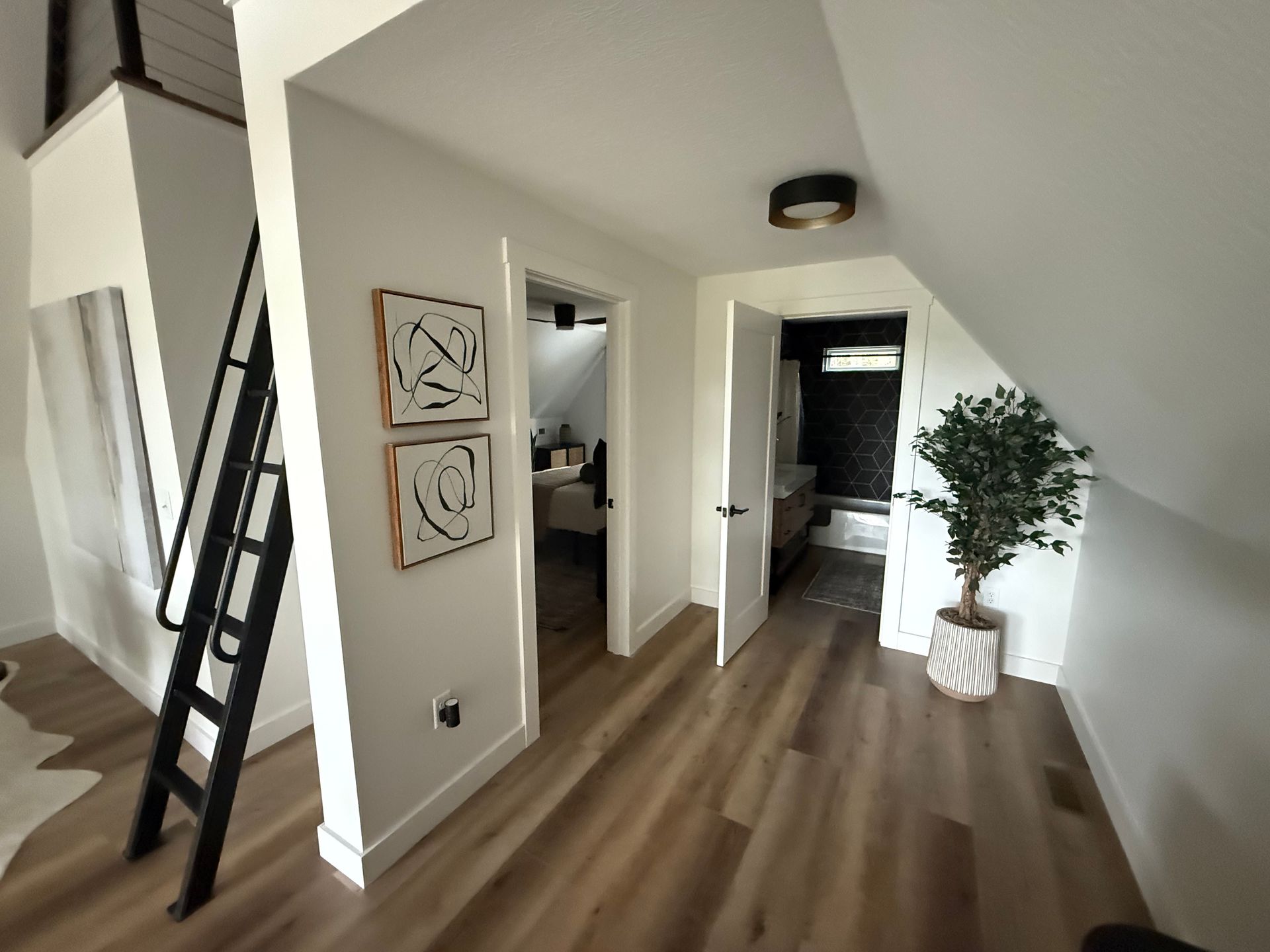 Bright modern hallway with wood floors, white walls, framed art, large mirror, and a potted plant.