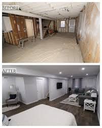 Before-and-after view of a room renovation: unfinished space above, modern gray bedroom below.