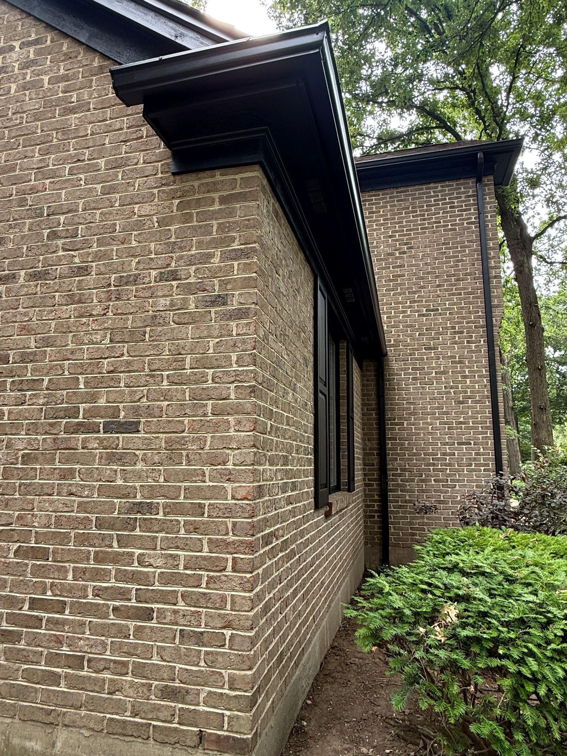 Narrow brick alley beside a building with a dark roof overhang and green bushes along the right side