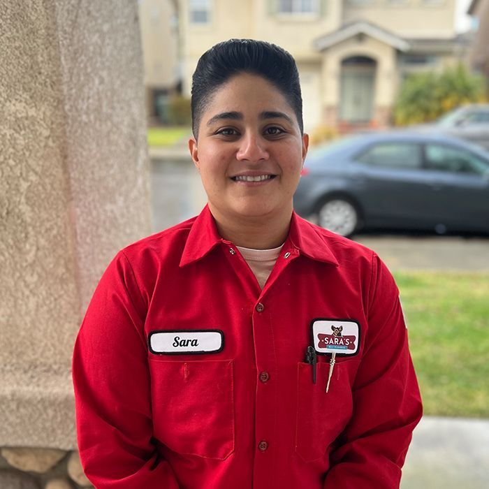Woman in red uniform, 