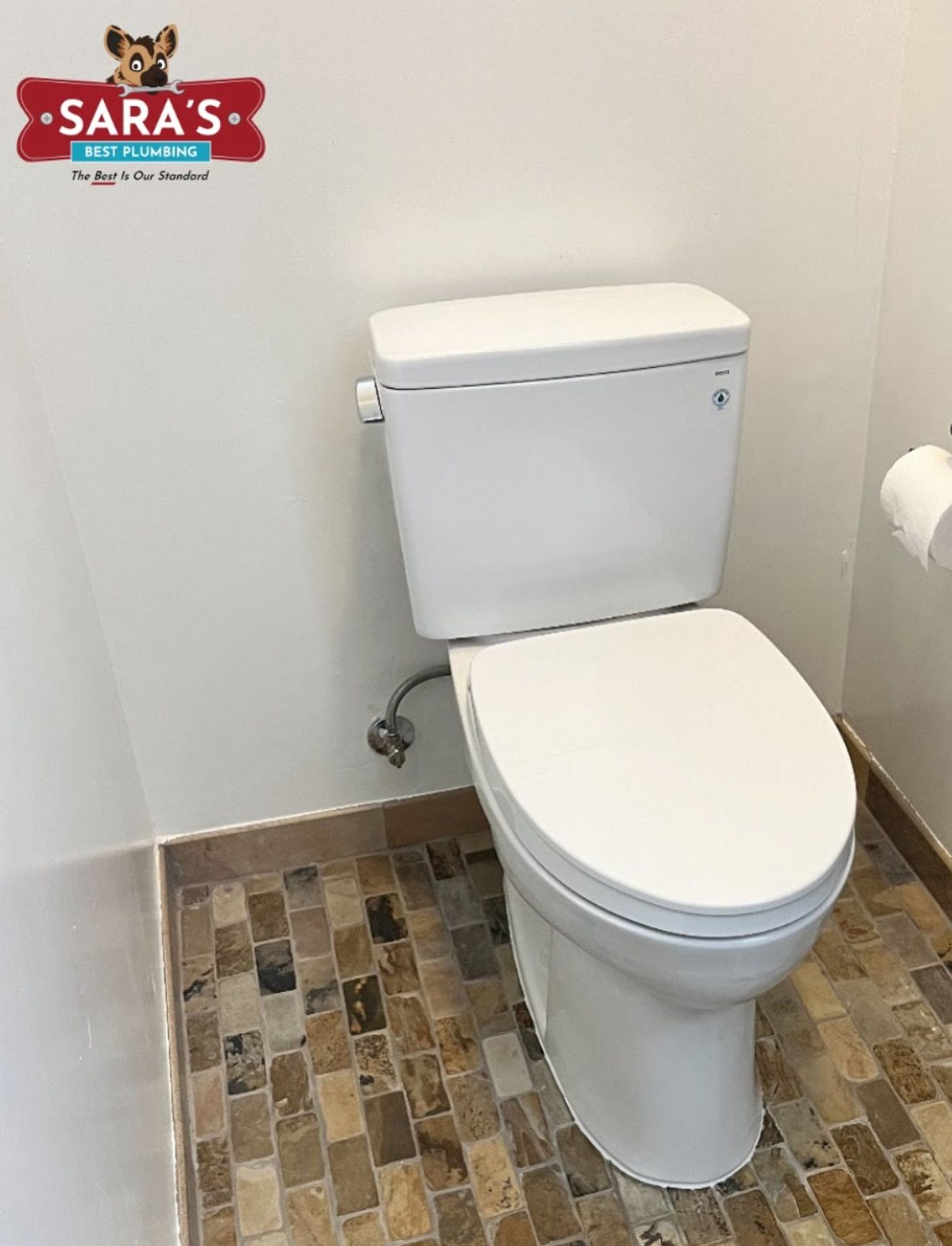 Toilet in a bathroom with brown tile floor and white walls. A roll of toilet paper is on the wall.