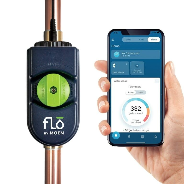 Water monitoring device on pipe with smartphone app showing water usage.