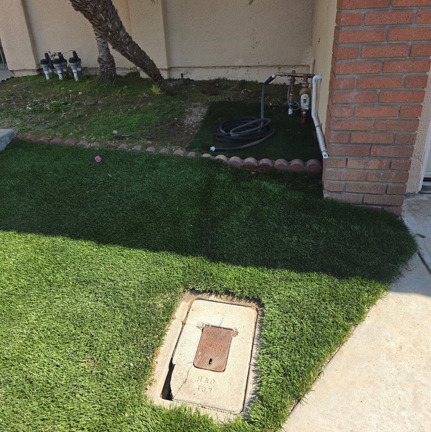 Lush green lawn next to a brick wall, with a water meter box and a tree in the background.