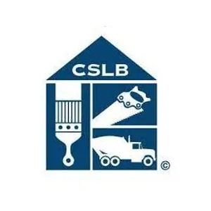 Blue CSLB logo with house shape, featuring tools and a cement truck.