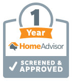HomeAdvisor 1-Year Screened & Approved badge: gray shield, orange banner, checkmark, and company logo.