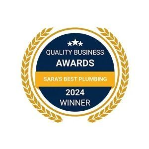 Quality Business Awards badge for Sara's Best Plumbing: Winner 2024. Gold and navy blue, with wheat and stars.