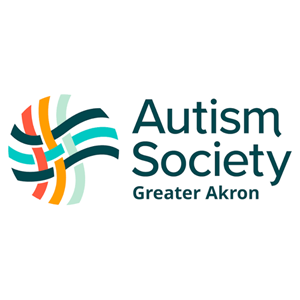 Autism Society Greater Akron logo with teal, orange, and mint ribbon-like design