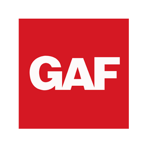 GAF logo in white on a red square background