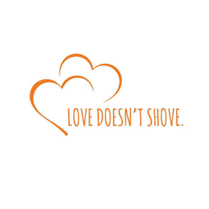 Orange heart outline with text “LOVE DOESN’T SHOVE.”