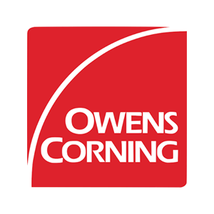 Owens Corning logo in white on a red square with a curved white arc across the top-left