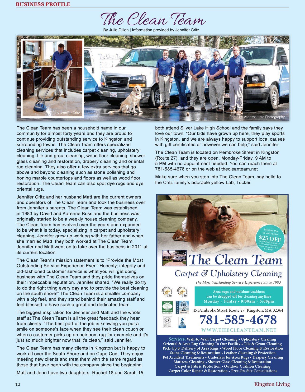 The Clean Team business profile in the Kingston Living Magazine May 2022
