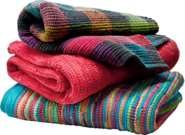 Three colorful blankets are stacked on top of each other