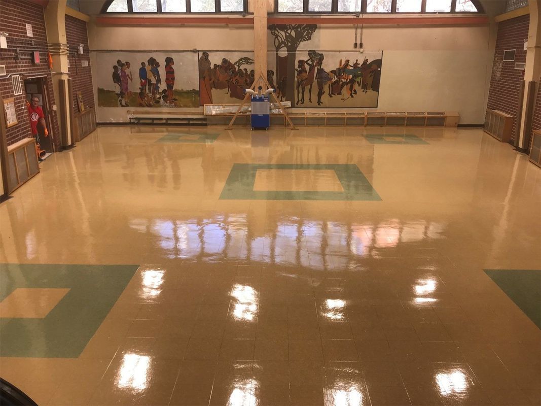 Empty polished gymnasium with a mural wall and reflections on the floor