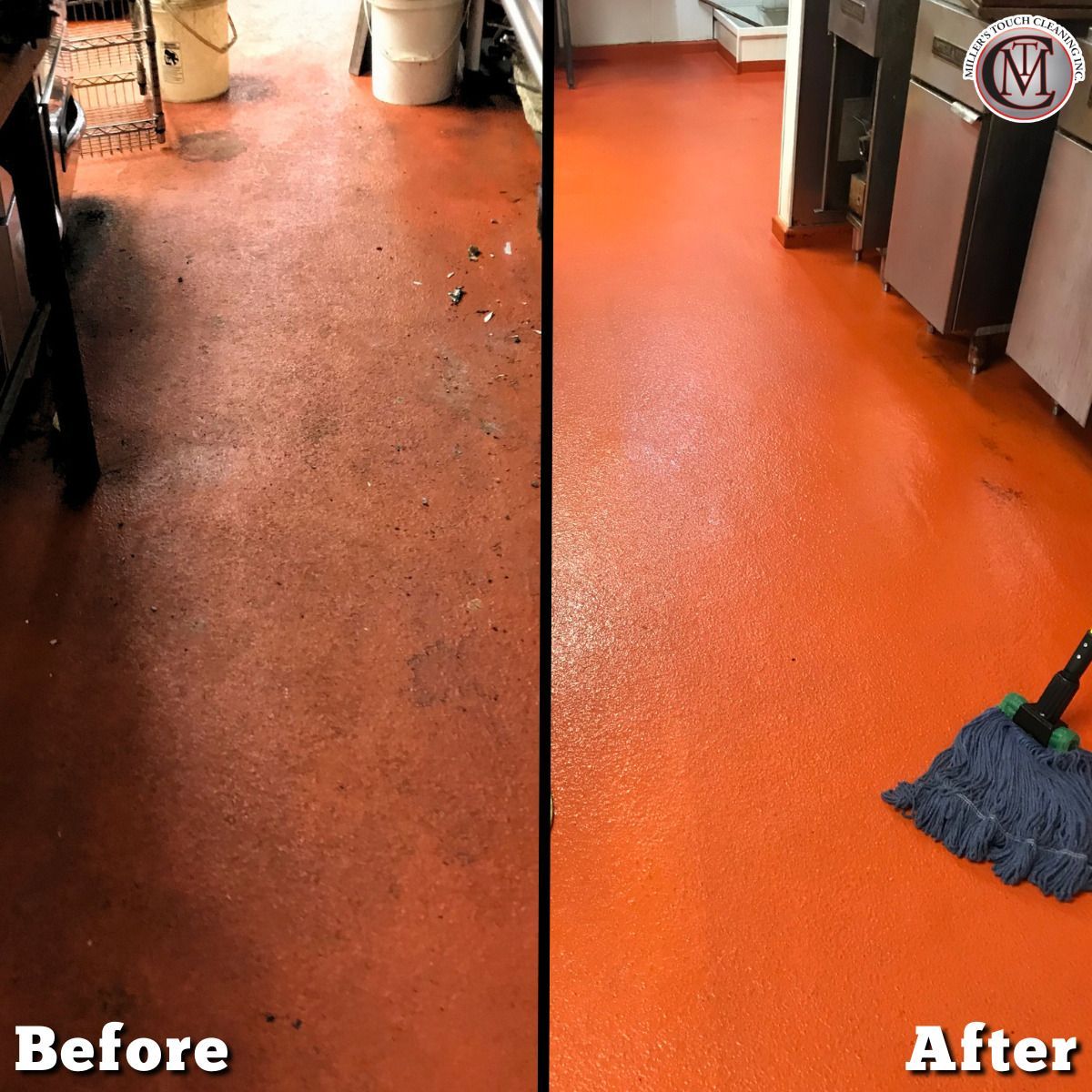 Before-and-after of a kitchen floor cleaning: dirty reddish floor on left, shiny orange floor on right.
