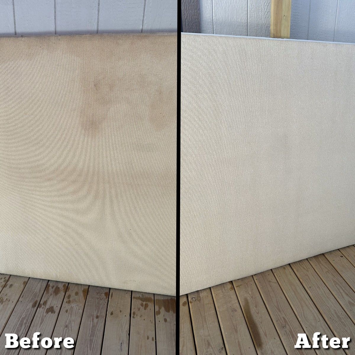 Split view of a porch wall before and after cleaning, showing a dirt-stained surface turned bright white.