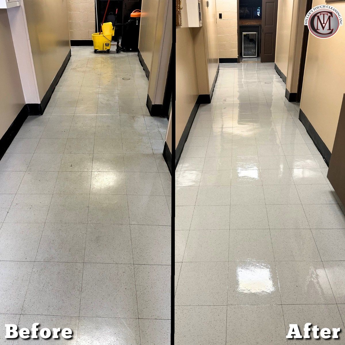 Hallway floor before-and-after: left dirty gray, right clean shiny white after mopping