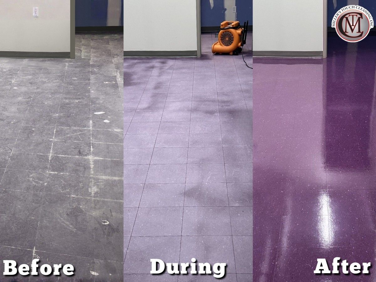 Before, during, and after views of a cleaned gray floor becoming glossy purple.