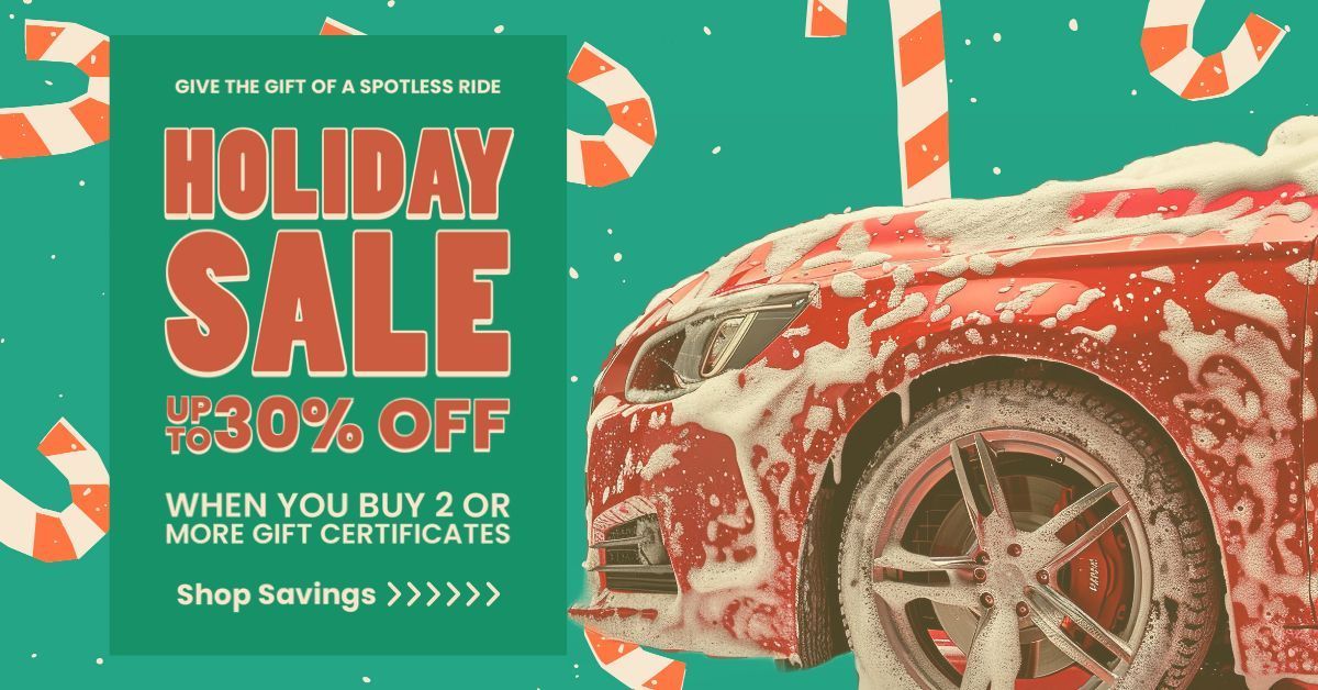 Holiday sale ad featuring a red car covered in snow, offering 30% off gift certificates.